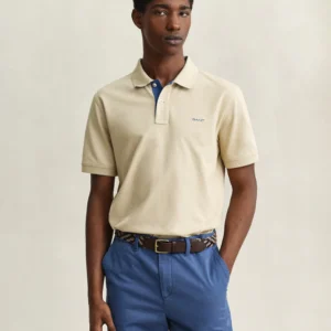 Men beige solid regular fit polo t-shirt